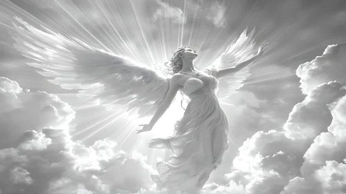 Monochrome Angel with Wings in the Sky