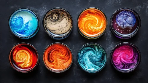 Abstract Liquid Colors in Round Dishes