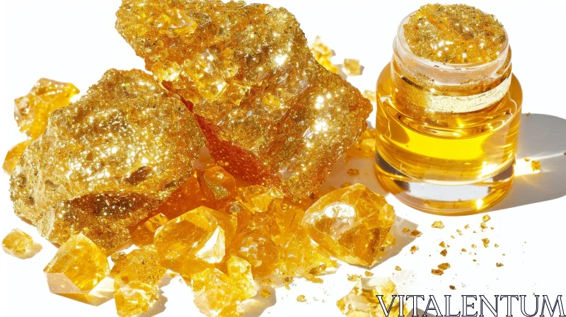 Gold-Colored Crystals and Glass Jar with Amber Liquid on White Background AI Image