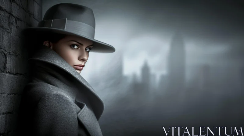 Mysterious Woman in Gray Coat and Hat in Dark Alley AI Image