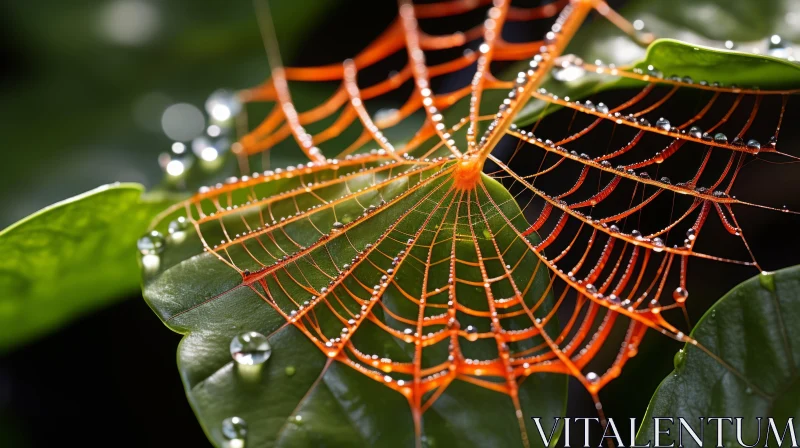 Nature's Precision: A Spiderweb with Water Drops on a Leaf AI Image