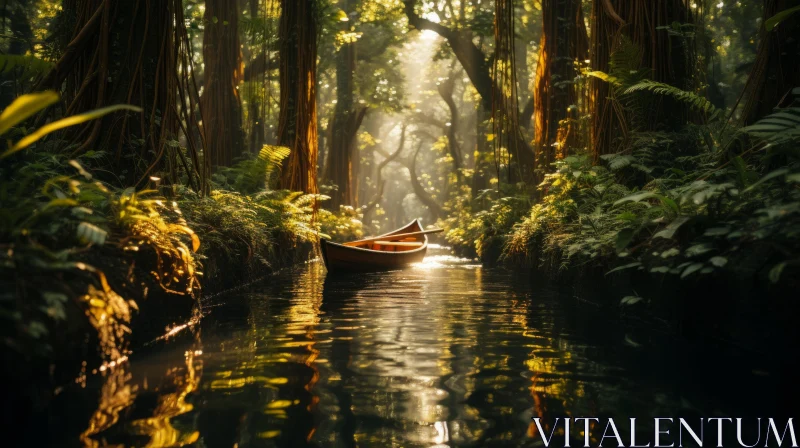 Sunlight and Serenity: A Captivating Image of a Boat in a Tropical Jungle AI Image