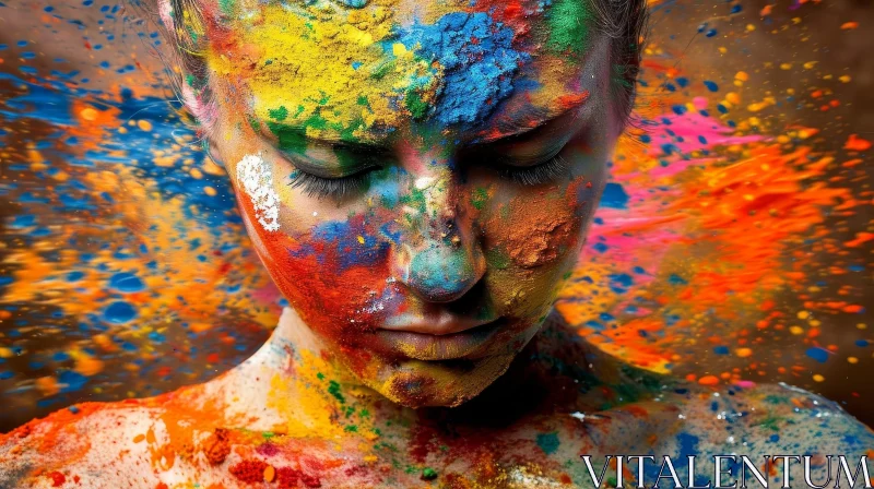 Vibrant Young Woman Covered in Colored Powder - Close-up Photo AI Image