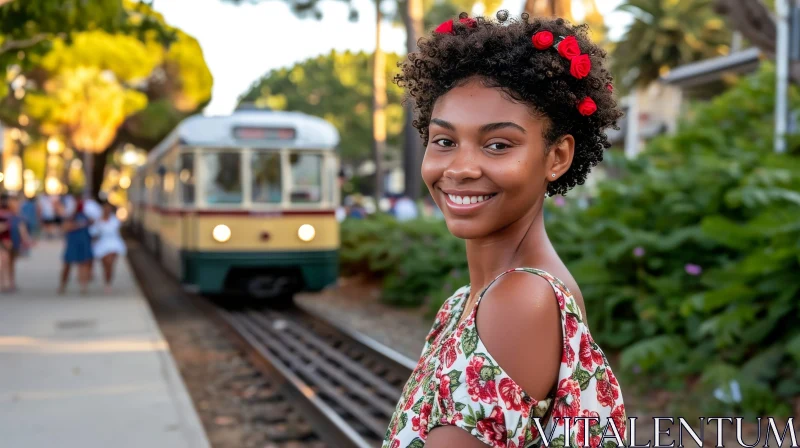 Young African-American Woman on Train Platform | Smiling | Floral Dress AI Image
