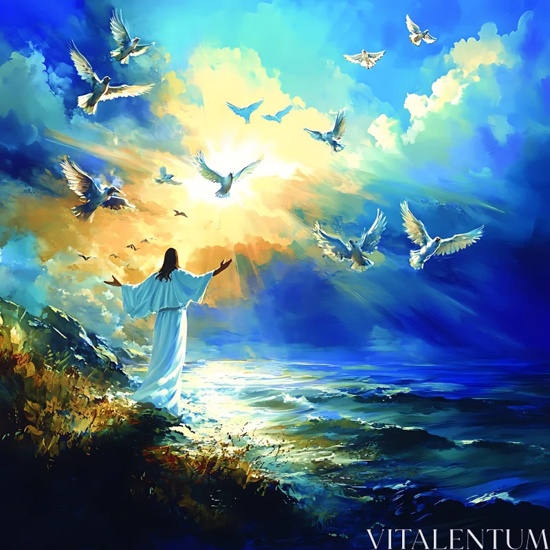 AI ART Ocean View with Person and Doves