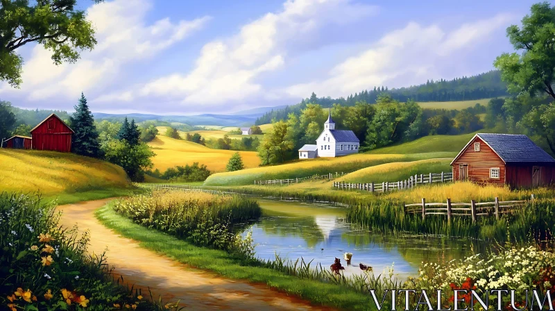 AI ART Peaceful Farmland Vista with Quaint Buildings