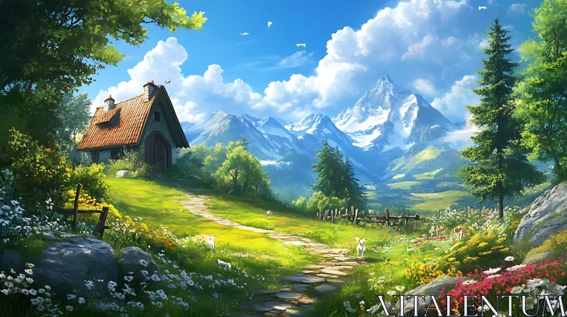 Charming Cottage in Mountainous Meadow AI Image