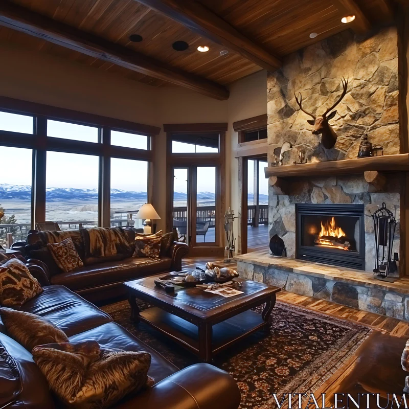 Rustic Interior with Leather Sofa and Fireplace AI Image