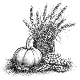 Monochrome Pumpkin and Corn Still Life