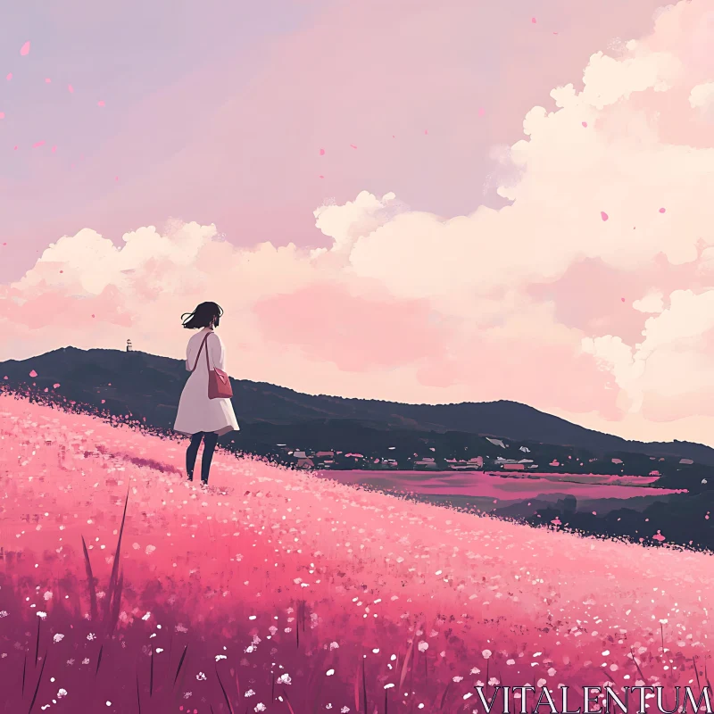 AI ART Pink Flower Field with Woman