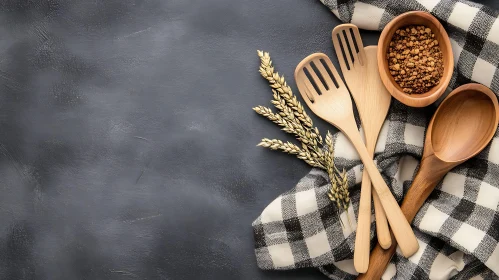 Wooden Cooking Utensils and Ingredients on Black and White Cloth