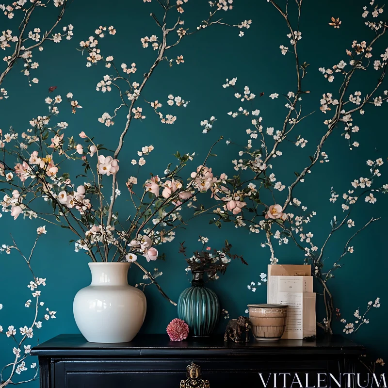 Blossoms in Vases on Teal Floral Wall AI Image