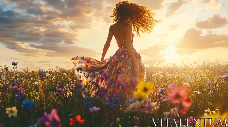 AI ART Woman in Flower Dress at Sunset