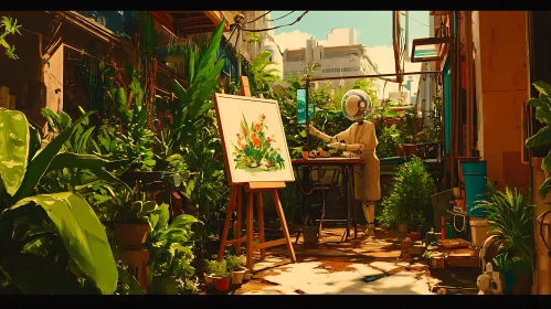 AI Robot Painting in Greenery