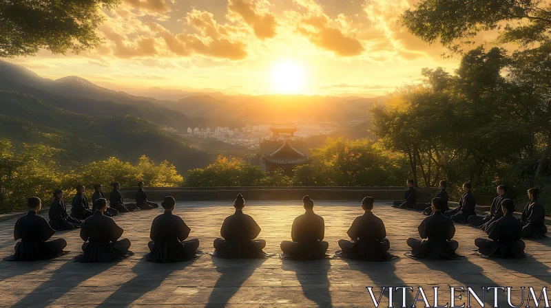 Sunset Meditation Gathering of Monks AI Image