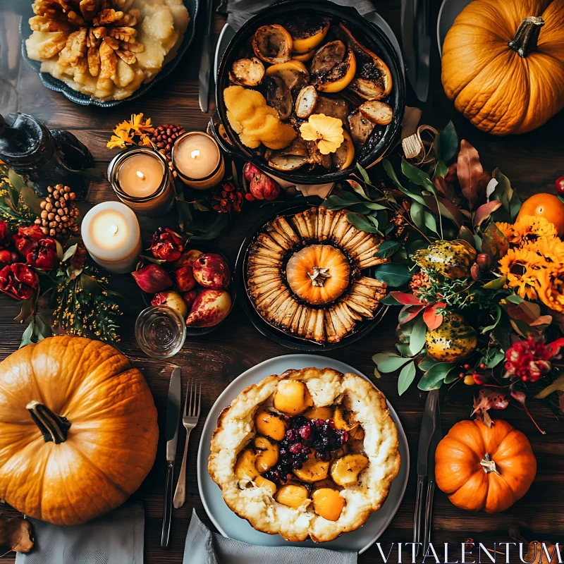 Festive Fall Table with Pumpkins and Desserts AI Image