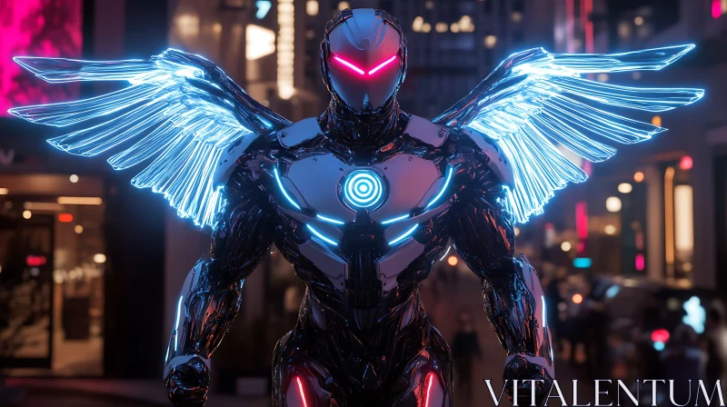 Neon-Winged Cybernetic Humanoid in Urban Setting AI Image