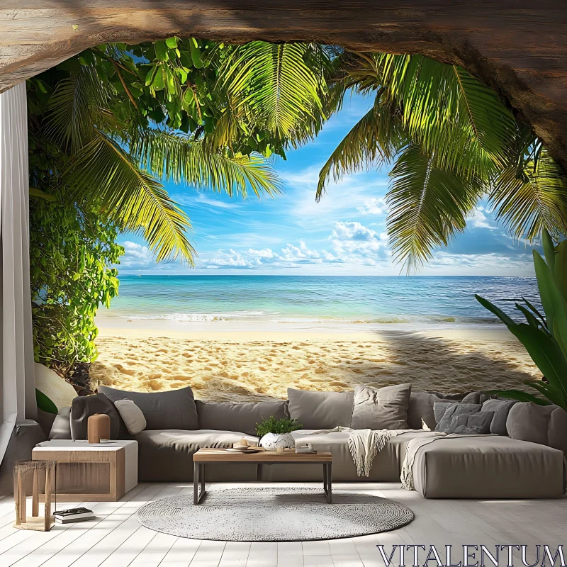 AI ART Serene Beach Vista with Palm Trees