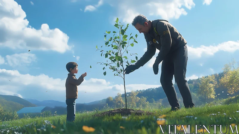 A Man and a Child Planting a Tree AI Image