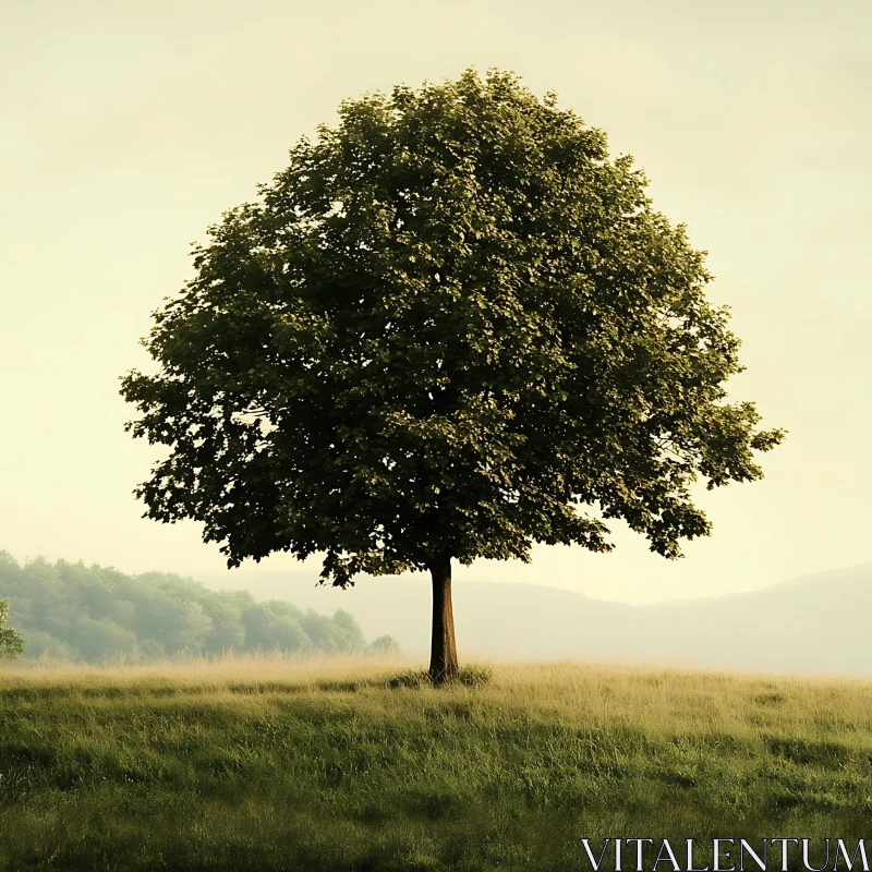 AI ART Solitary Tree in a Field Landscape