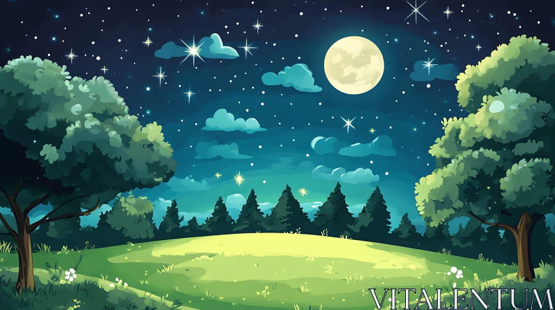 Starry Night Scene with Trees and Moon AI Image