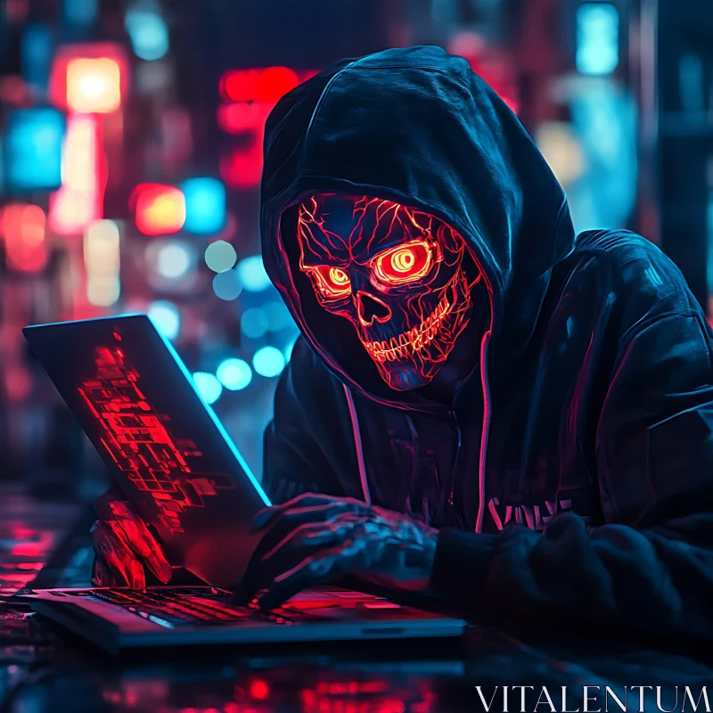 Hooded Hacker with Neon Skull Mask AI Image