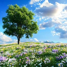 Scenic Meadow with Tree and Distant Peaks