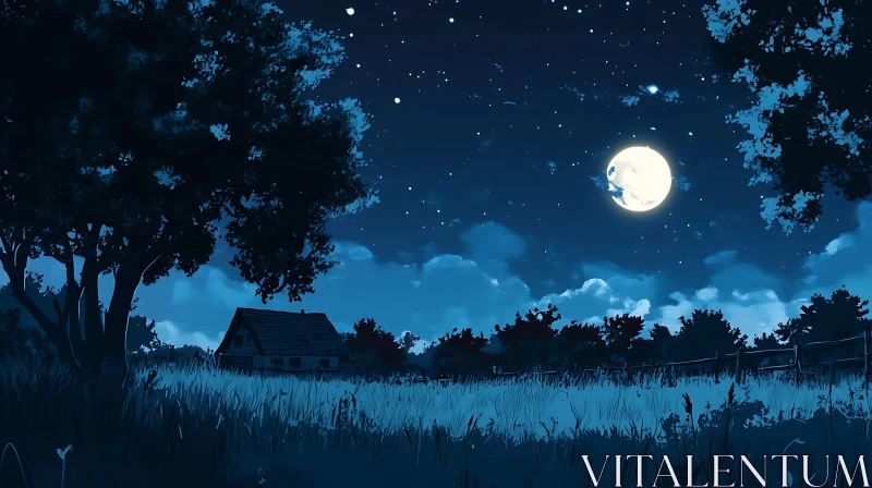 Rural Night Scene with Full Moon AI Image