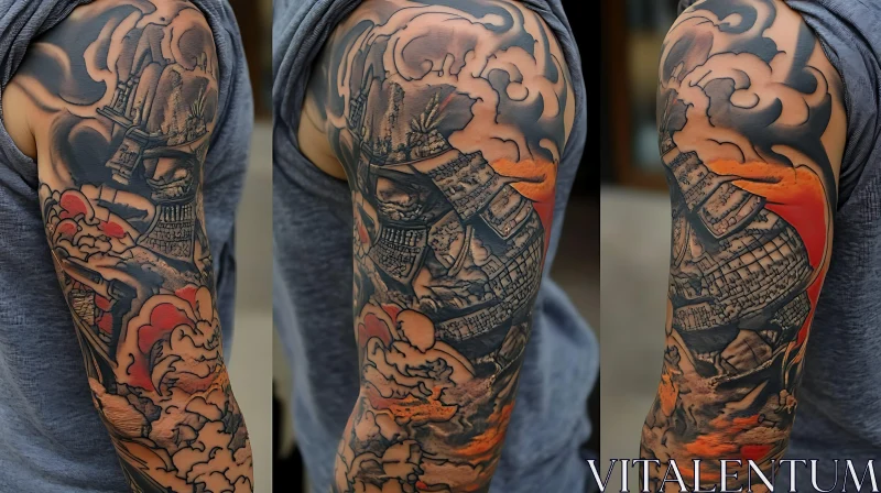 Detailed Full-Arm Tattoo with Castle and Clouds AI Image