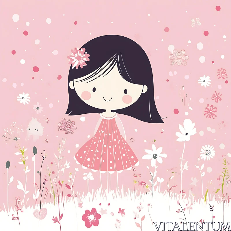 AI ART Whimsical Girl with Flowers Illustration