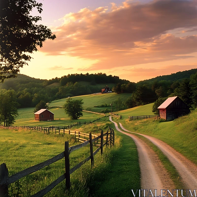 Tranquil Countryside Scene with Sunset AI Image