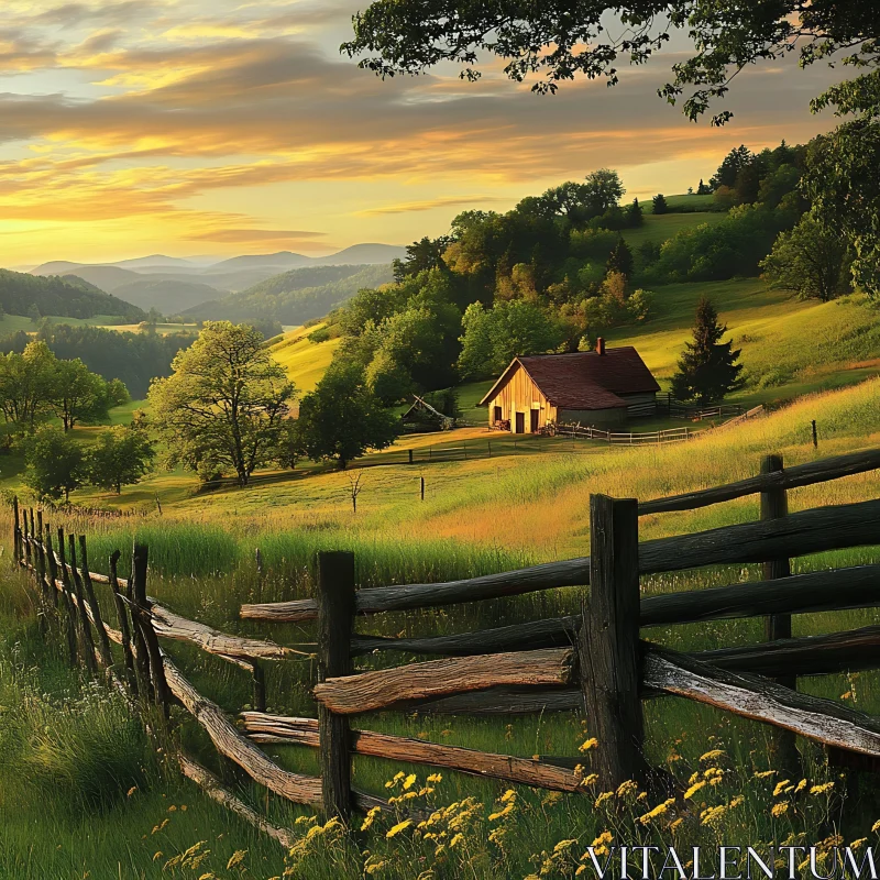 Tranquil Cabin Scene at Sunset AI Image