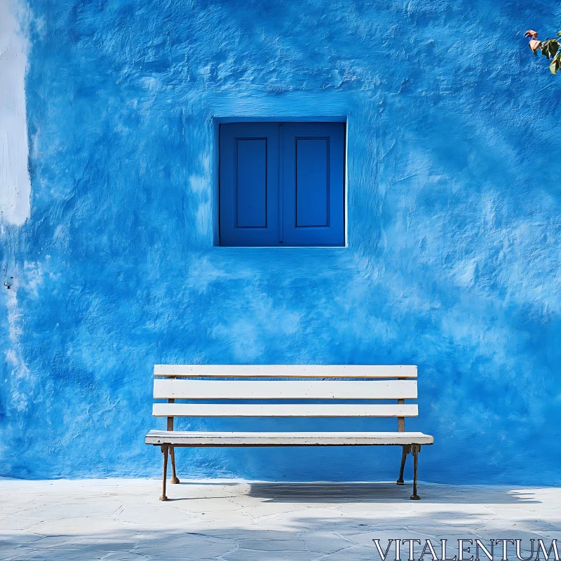 Minimalist Blue Wall with Bench AI Image