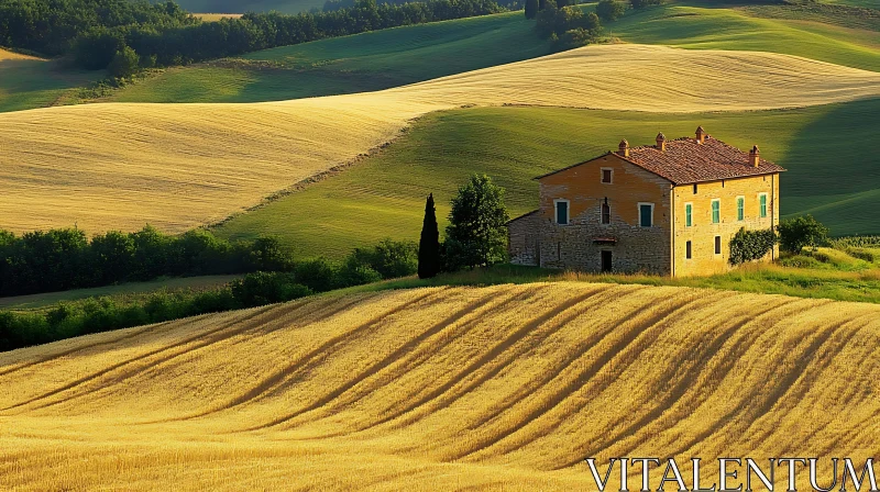 Golden Fields and Stone House in Tuscany AI Image