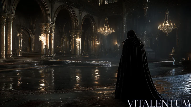 Cloaked Figure in Dark Gothic Hall AI Image