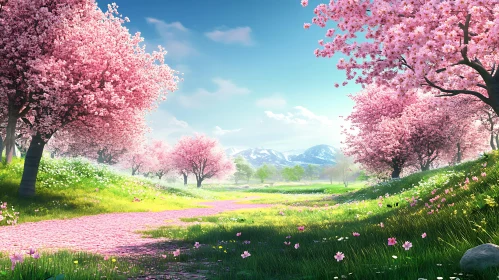 Spring Blossom Meadow with Mountains