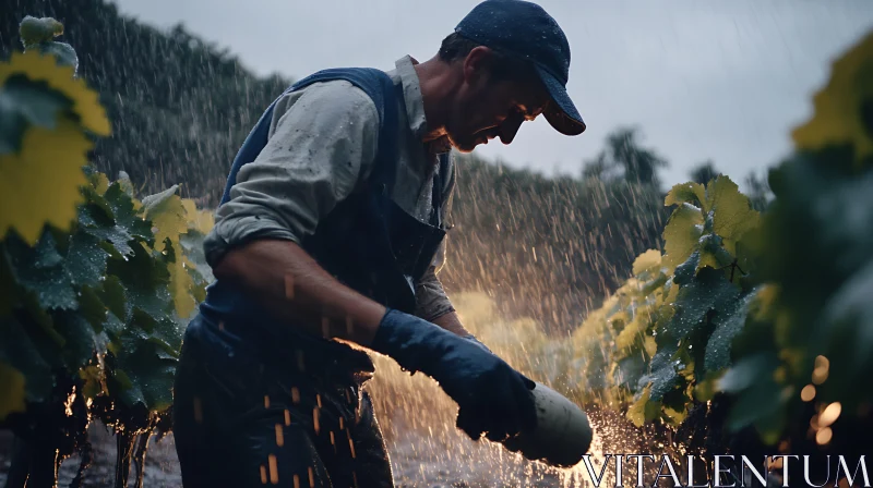 Working Man in Vineyard During Rain AI Image