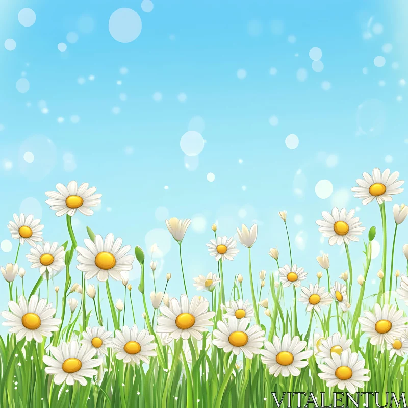 Field of Daisies under Blue Sky AI Image