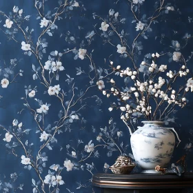 Vase of Blossoms on Floral Wallpaper