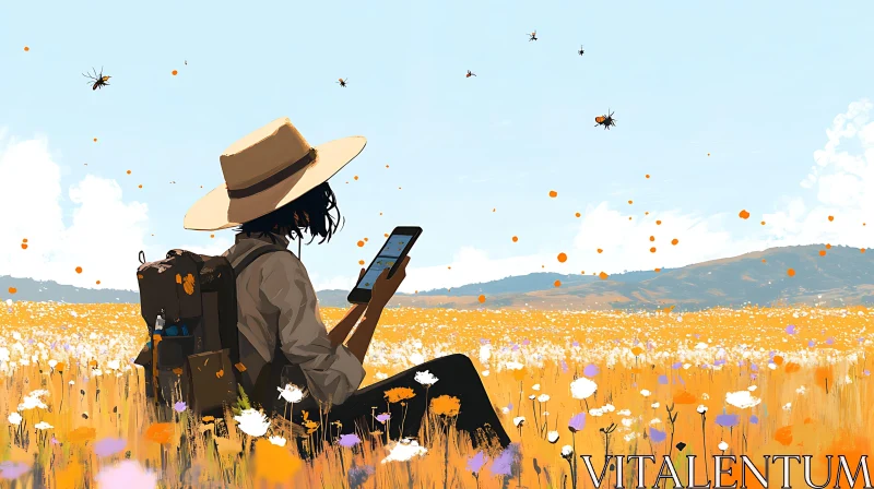 AI ART Girl with Phone in Flower Field