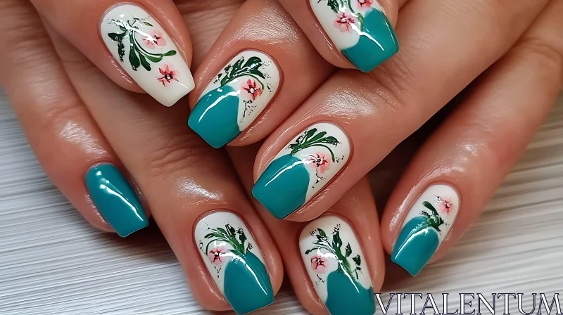 AI ART Teal and Floral Nail Design