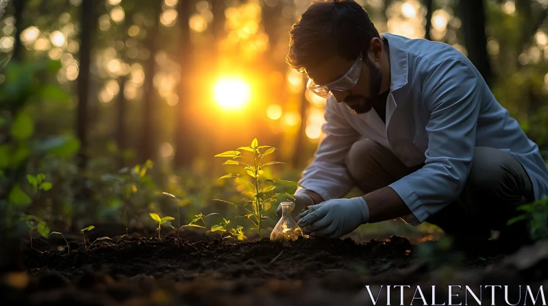 Scientist and Seedling in Sunlight AI Image