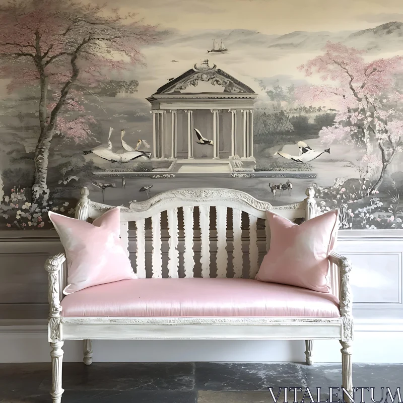 Pink Cushions on Bench with Landscape Mural AI Image