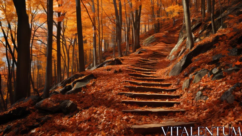 Autumn Forest Staircase: A Tranquil Journey Into Nature's Heart AI Image