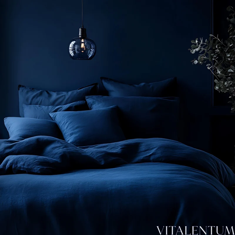 Monochromatic Blue Bedroom with Lamp AI Image