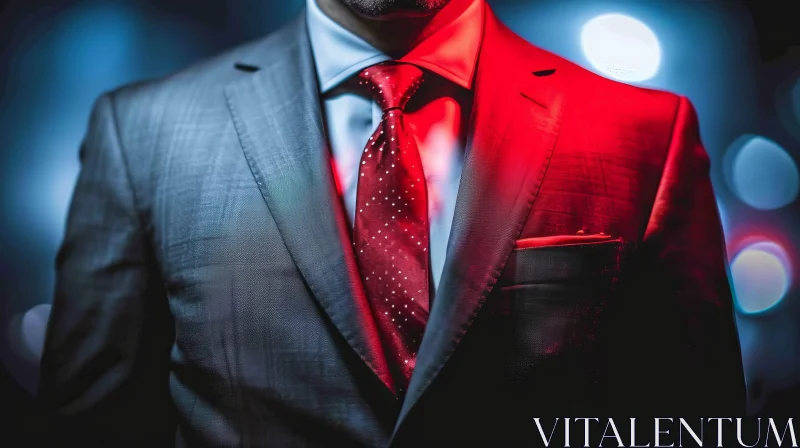 Confident Man in Gray Suit and Red Tie Against Dark Background AI Image
