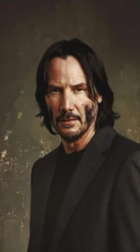 Keanu Reeves Contemplative Portrait in Black Suit