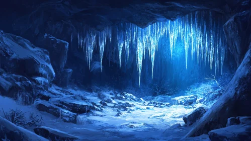 Mysterious Frozen Cave Illuminated in Blue