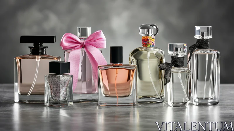 Exquisite Glass Perfume Bottles on Gray Table AI Image
