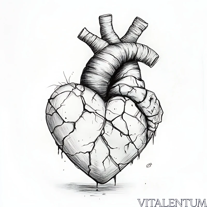 Conceptual Cracked Heart Drawing AI Image